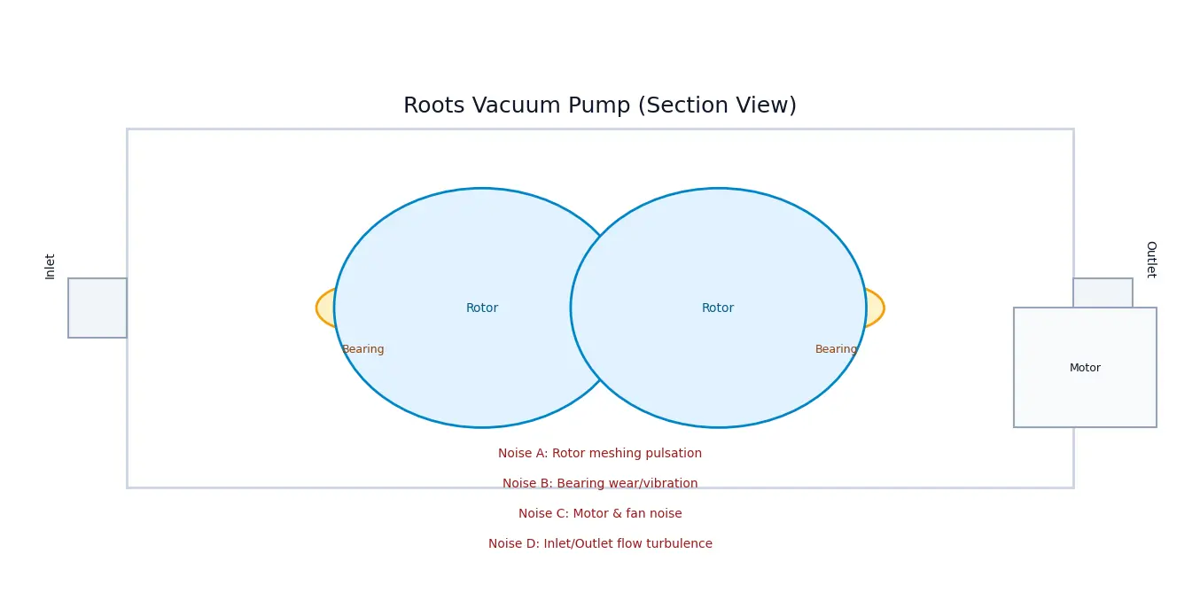 Vacuum pump internal components highlighting vane mechanism oil reservoir and common noise generation points in molecular distillation systems Vacuum pump internal components highlighting vane mechanism oil reservoir and common noise generation points in molecular distillation systems